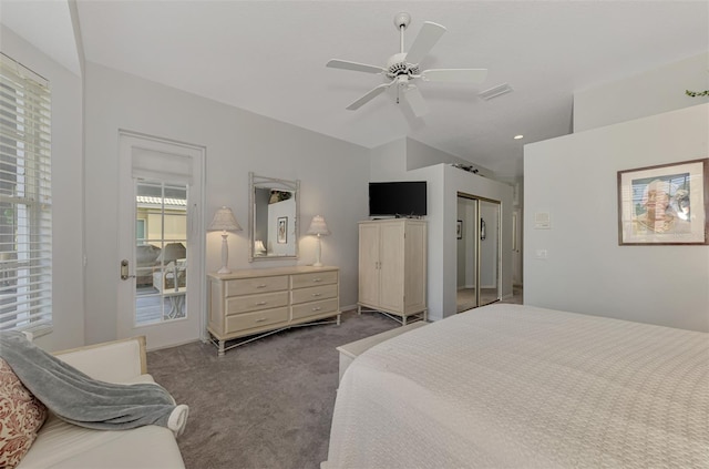 carpeted bedroom featuring ceiling fan