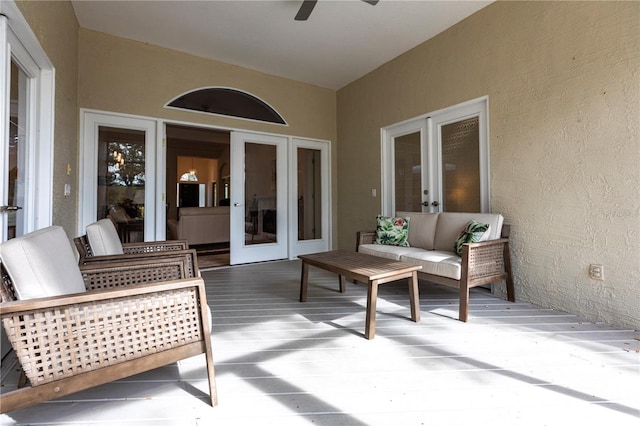 exterior space with an outdoor hangout area and ceiling fan