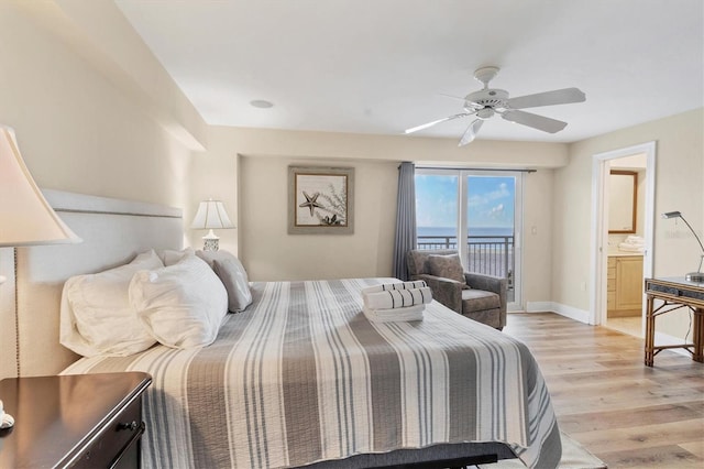 bedroom with light wood-style floors, access to outside, ceiling fan, and baseboards