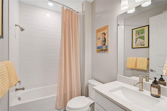 full bathroom featuring toilet, vanity, and shower / bathtub combination with curtain