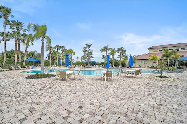 view of swimming pool featuring a patio area