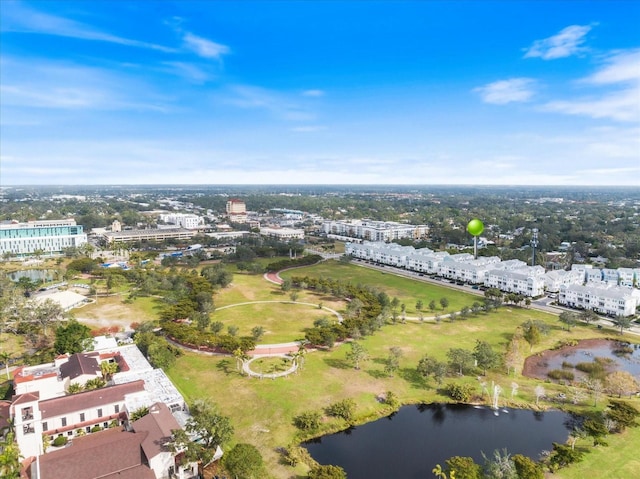 drone / aerial view with a water view