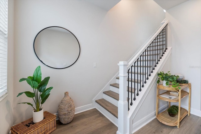 staircase with wood-type flooring