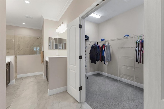 bathroom with vanity and ornamental molding