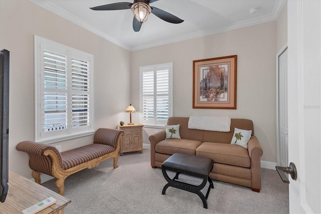 living room with light colored carpet, crown molding, and a healthy amount of sunlight