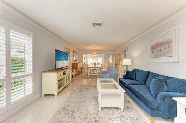 living room with ornamental molding and plenty of natural light