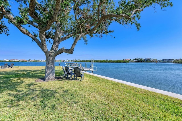 dock area featuring a lawn and a water view