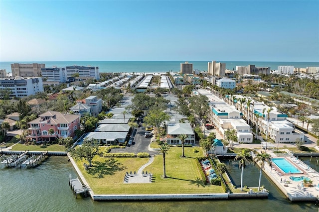 drone / aerial view featuring a water view