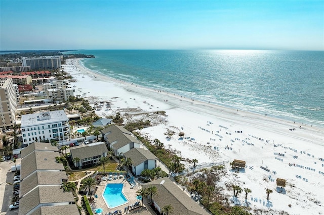 aerial view featuring a water view and a beach view