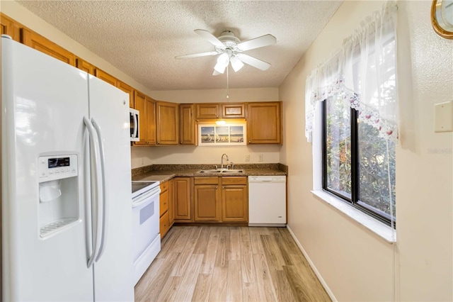 kitchen with ceiling fan, sink, white appliances, light wood-type flooring, and a textured ceiling