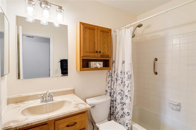 full bathroom with toilet, vanity, and shower / tub combo with curtain