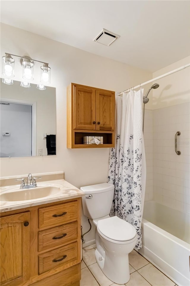 full bathroom featuring toilet, vanity, shower / bathtub combination with curtain, and tile patterned flooring