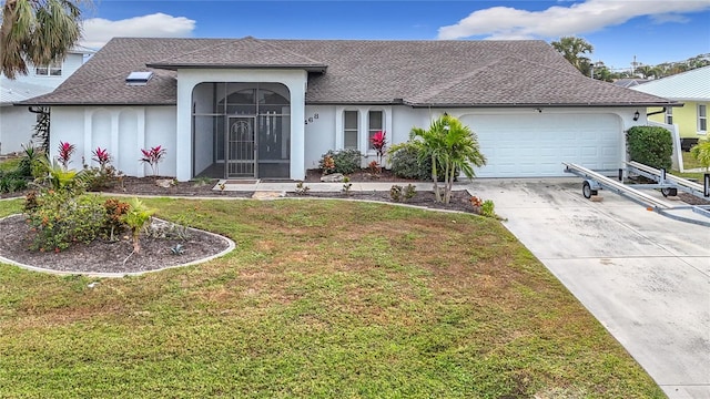 ranch-style house featuring a garage and a front lawn