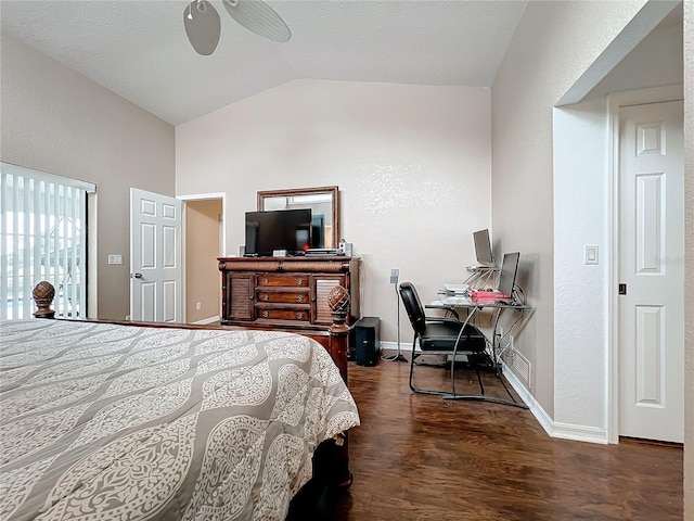 bedroom featuring lofted ceiling, ceiling fan, and dark hardwood / wood-style floors