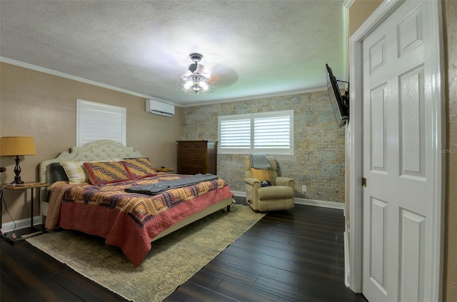 bedroom featuring ceiling fan, dark hardwood / wood-style flooring, a wall mounted AC, and crown molding