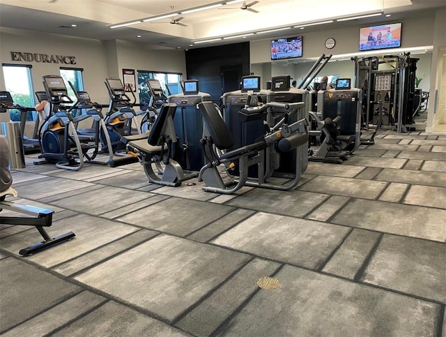 exercise room featuring ceiling fan