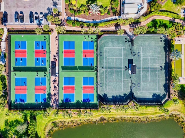 drone / aerial view featuring a water view