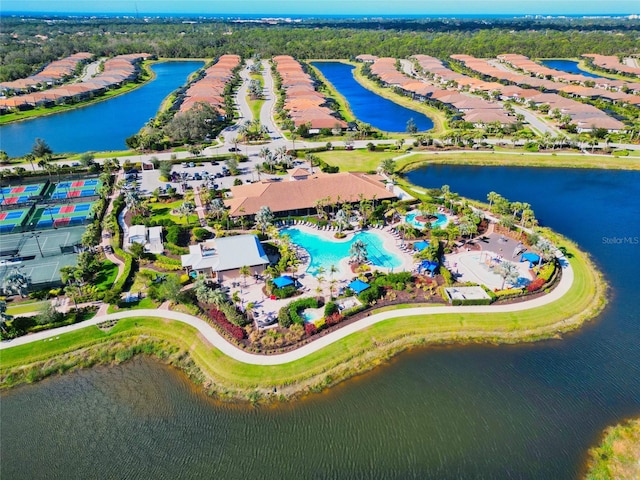 drone / aerial view featuring a water view