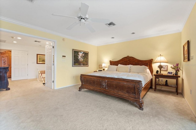 carpeted bedroom with crown molding and ceiling fan