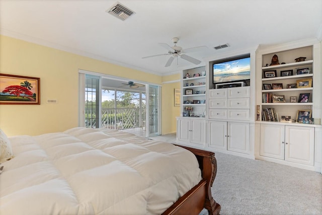 bedroom with ceiling fan, ornamental molding, access to exterior, and light carpet