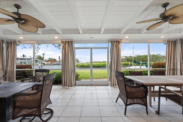 7056 Hawks Harbor Cir, Bradenton, FL 34207 - sunroom featuring beamed ceiling and ceiling fan