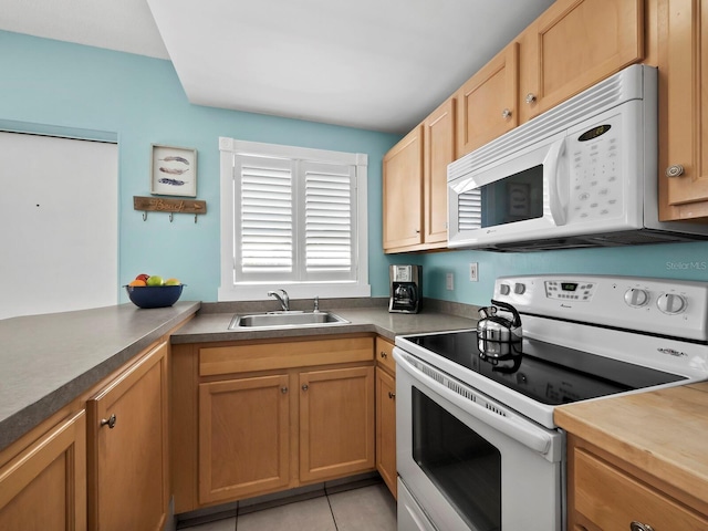 kitchen featuring sink, white appliances, light tile patterned floors, and kitchen peninsula