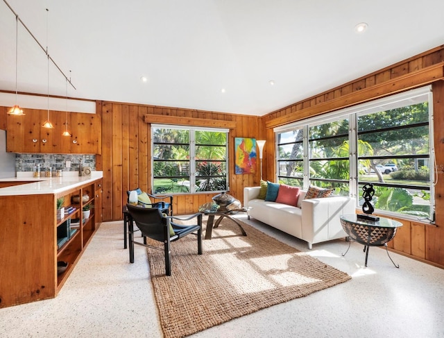 living room featuring wood walls