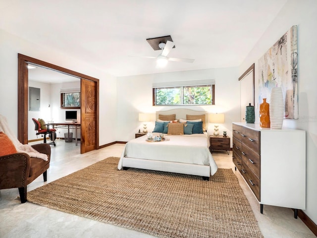 bedroom featuring electric panel and ceiling fan