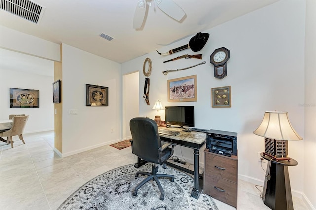 tiled home office with ceiling fan