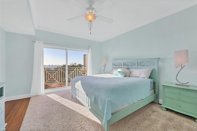 bedroom with ceiling fan, crown molding, hardwood / wood-style floors, and access to outside