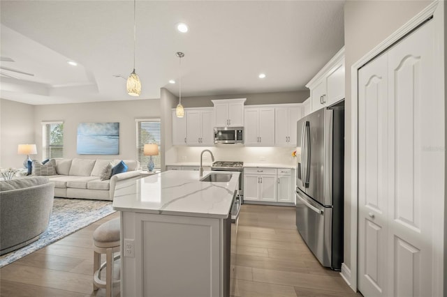 kitchen featuring light stone countertops, pendant lighting, white cabinets, stainless steel appliances, and a raised ceiling