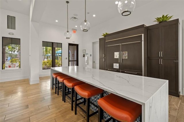 kitchen with a breakfast bar, light stone counters, a spacious island, and pendant lighting