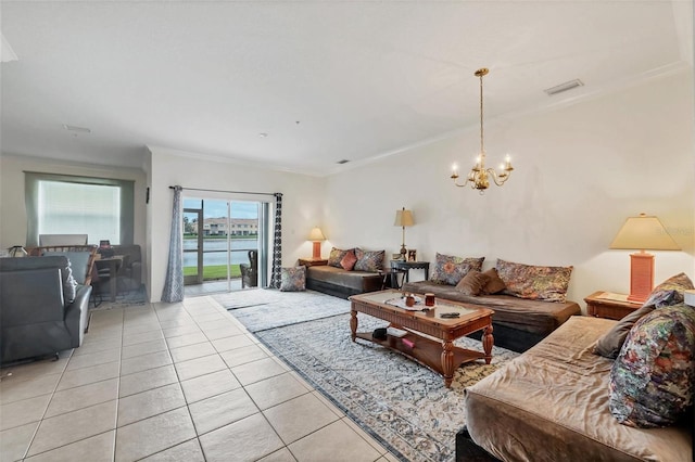 living room featuring light tile patterned floors, crown molding, and a notable chandelier