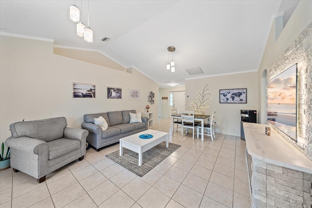 tiled living room featuring vaulted ceiling and crown molding