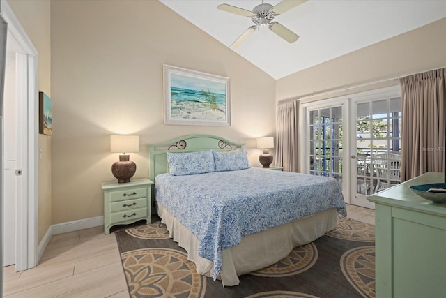 bedroom with vaulted ceiling, access to exterior, french doors, light hardwood / wood-style flooring, and ceiling fan