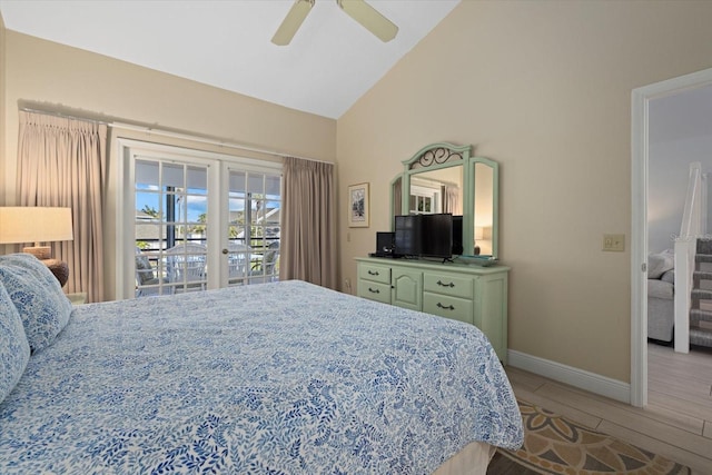 bedroom featuring vaulted ceiling, ceiling fan, and access to outside