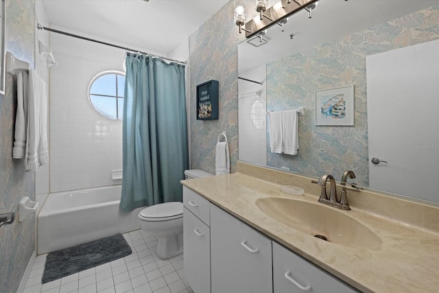 full bathroom with vanity, toilet, shower / tub combo with curtain, and tile patterned flooring