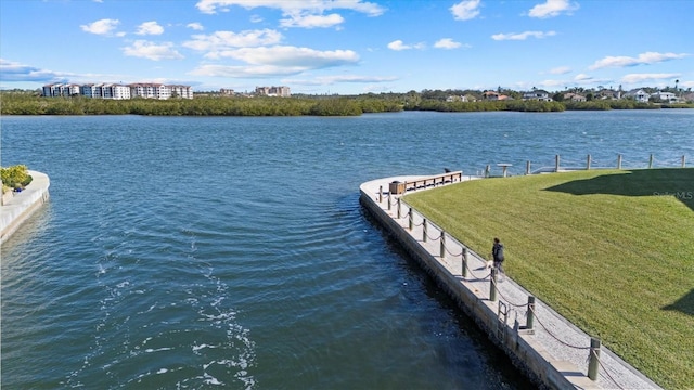 dock area featuring a lawn and a water view