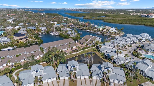 drone / aerial view with a water view