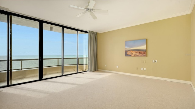 empty room featuring light carpet, ceiling fan, a wealth of natural light, and a water view