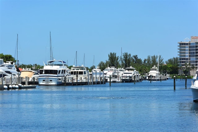 view of water feature with a boat dock