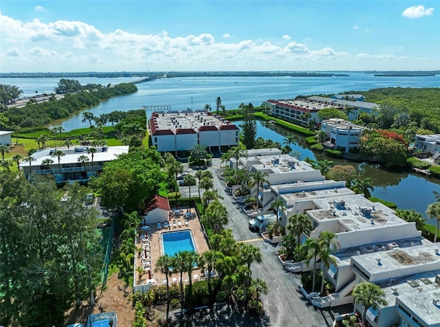 drone / aerial view with a water view