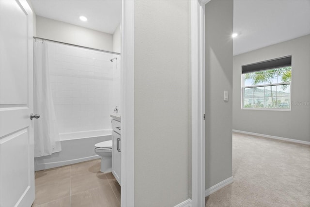 bathroom with toilet, tile patterned floors, and shower / bathtub combination with curtain