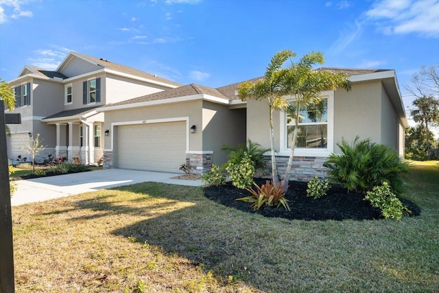 view of front of home featuring a garage, a front yard, and central air condition unit