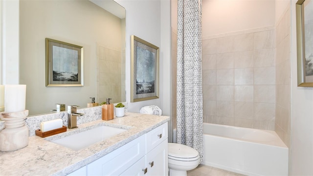 full bathroom with toilet, vanity, and shower / bath combination with curtain