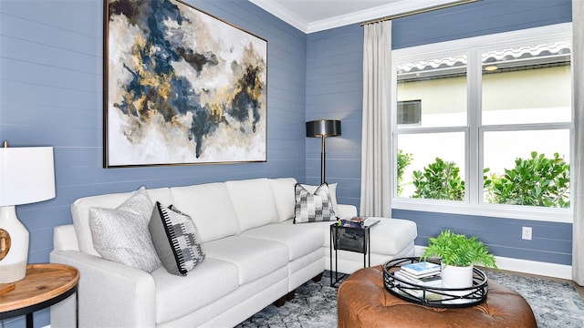 living room featuring ornamental molding