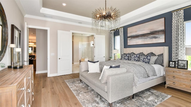 bedroom with wood-type flooring, a chandelier, crown molding, and a raised ceiling