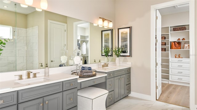 bathroom featuring walk in shower and vanity