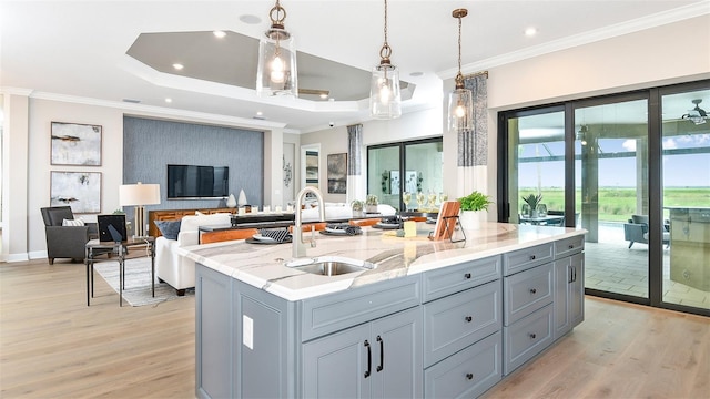 kitchen featuring light stone countertops, pendant lighting, sink, a tray ceiling, and a center island with sink