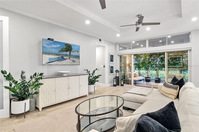 living room with ceiling fan, light hardwood / wood-style flooring, and a raised ceiling